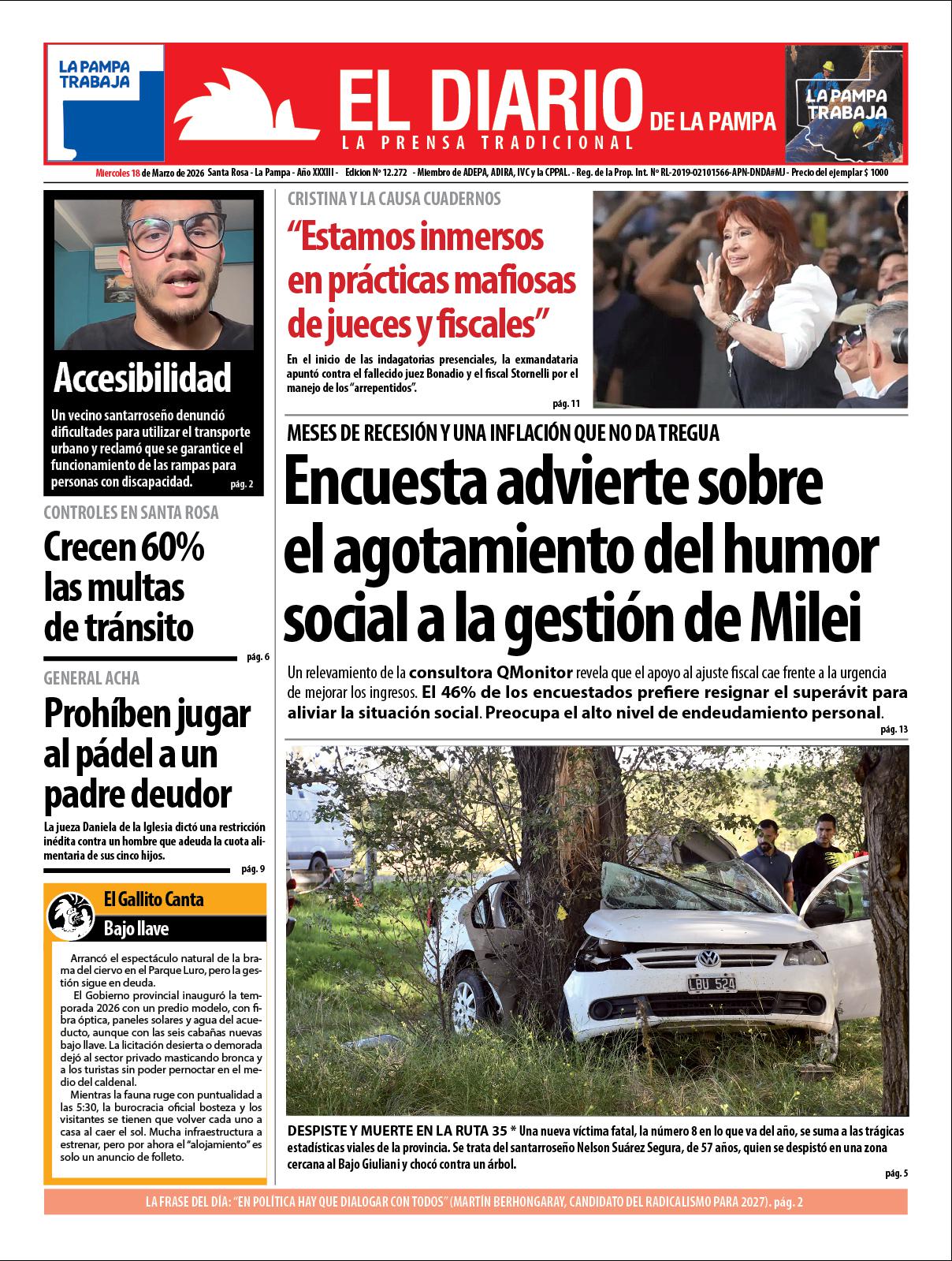 Tapa de El Diario en papel  mieacutercoles 18 de marzo de 2026